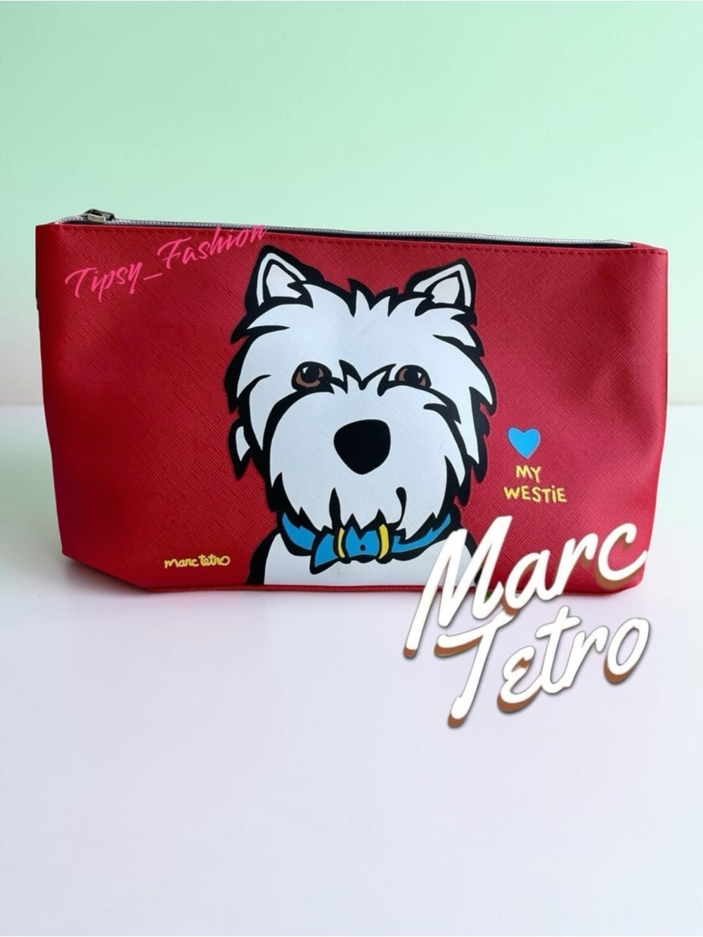 Marc Tetro Westie Cosmetic Bag Makeup Pouch Red Dog Travel Case NWT